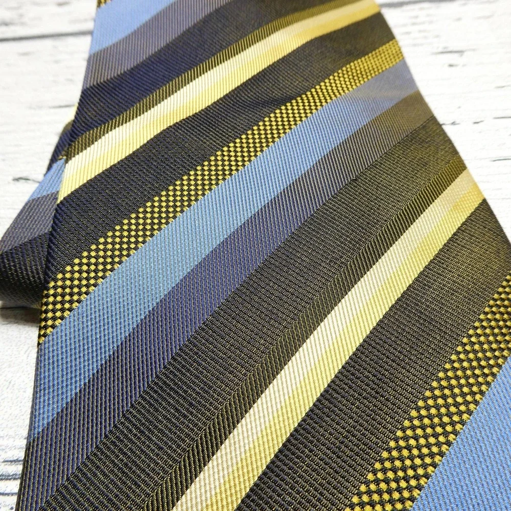Foggia Tie Mens One Size Brown Blue Yellow Striped 100% Silk Handmade Woven